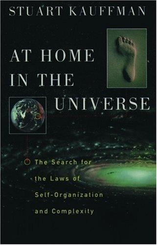 Cover of the Oxford University Press paperback edition of At Home in the Universe by Stuart Kauffman, a spiral pattern suggesting emergent order out of complexity