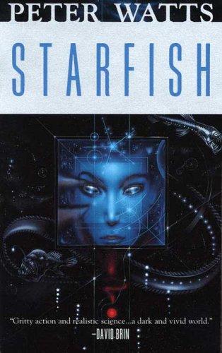 Cover of the Tor paperback edition of Starfish by Peter Watts, showing a dark undersea scene lit by an artificial glow with a diver silhouette near the ocean floor